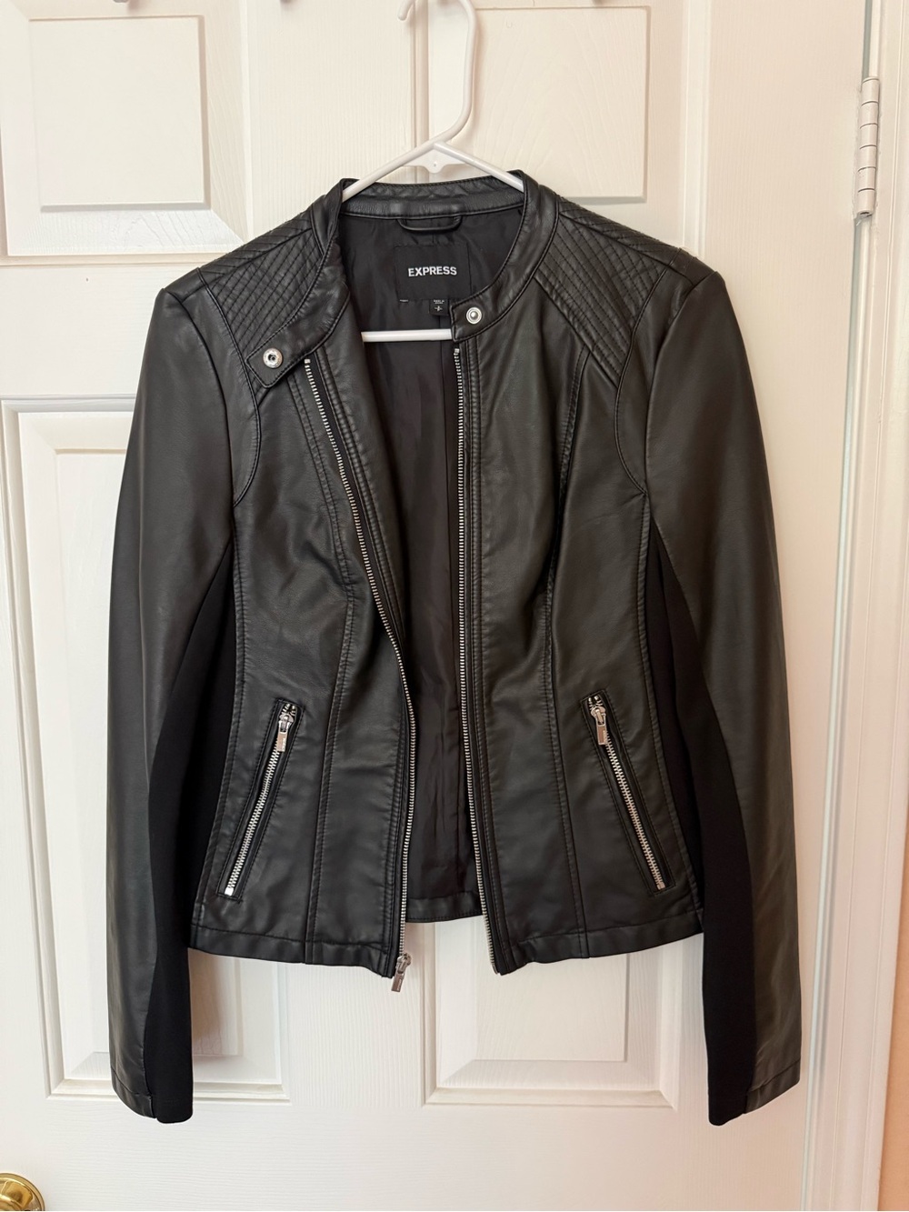 Express Black Faux Leather Moto Jacket with Quilted Shoulders